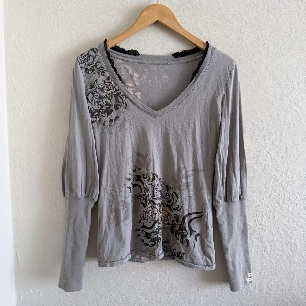 Replay Gray V-Neck Long Puffy Sleeve Top With Floral Print Size S